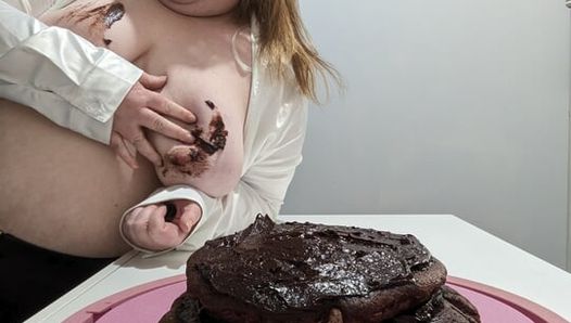 Dirty whore sub eating and sitting on chocolate cake
